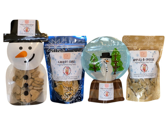 Holidog Winter ❄️ Treat Bundle: 4 festive dog treat pouches with heart-shaped snacks. Save $8 now!